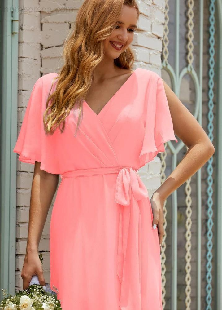 Numbersea V-Neck Bridesmaid Dress Long Formal Dresses with Belt for 28022 - Image 160
