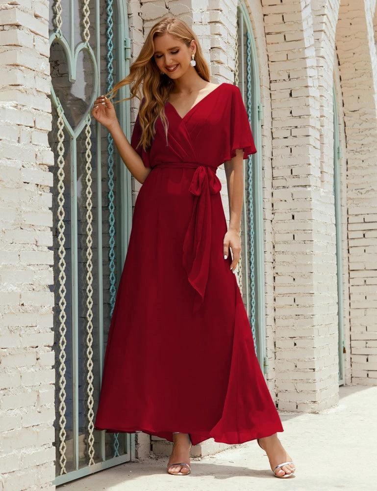 Numbersea V-Neck Bridesmaid Dress Long Formal Dresses with Belt for 28022 - Image 161