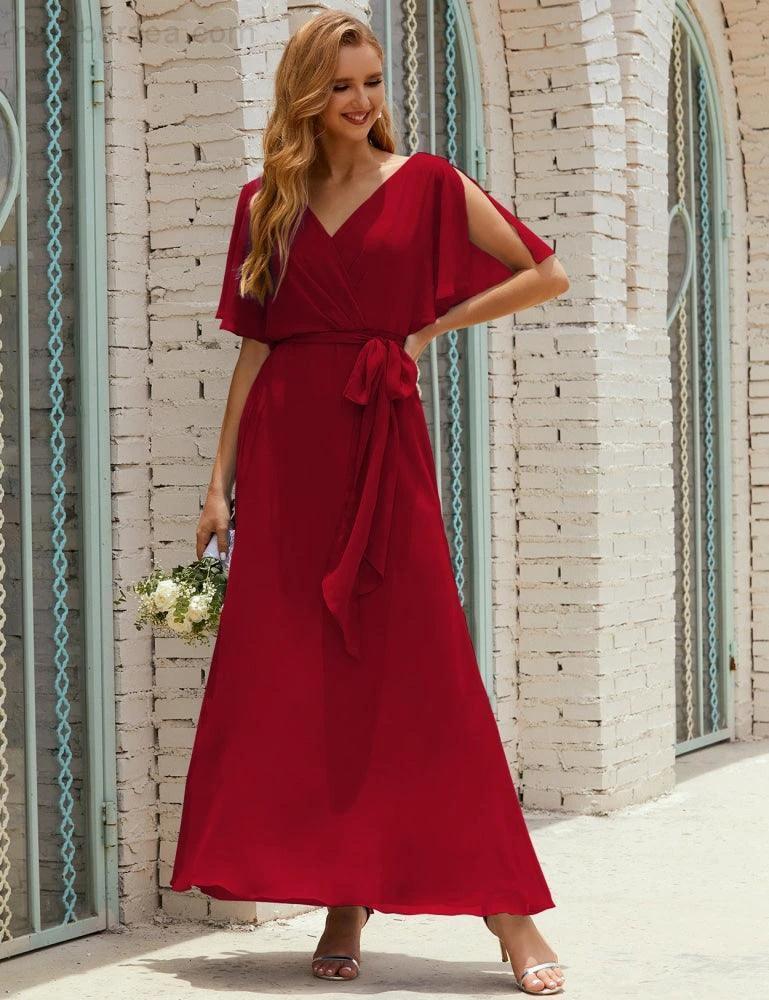 Numbersea V-Neck Bridesmaid Dress Long Formal Dresses with Belt for 28022 - Image 163