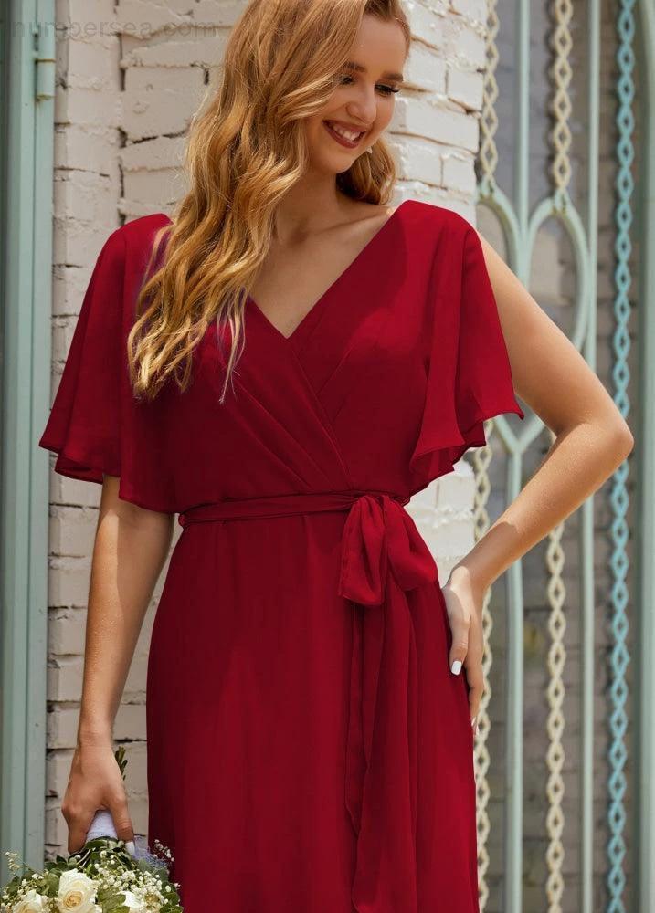 Numbersea V-Neck Bridesmaid Dress Long Formal Dresses with Belt for 28022 - Image 164