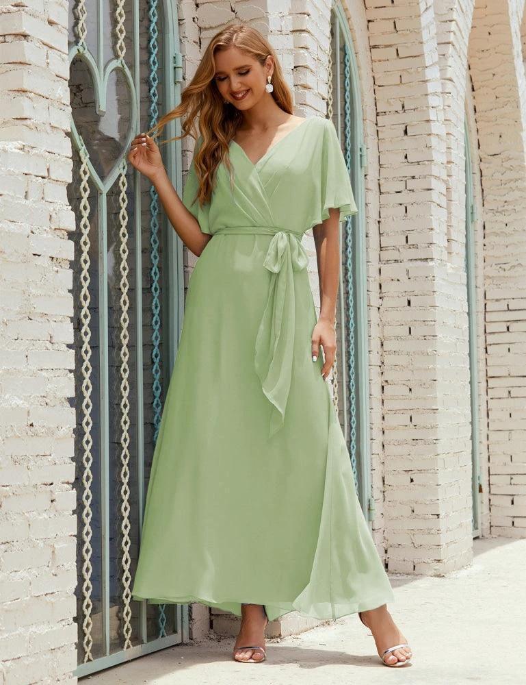 Numbersea V-Neck Bridesmaid Dress Long Formal Dresses with Belt for 28022 - Image 17
