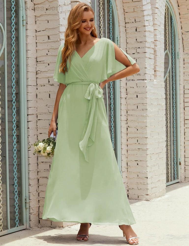 Numbersea V-Neck Bridesmaid Dress Long Formal Dresses with Belt for 28022 - Image 19