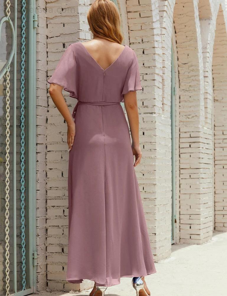 Numbersea V-Neck Bridesmaid Dress Long Formal Dresses with Belt for 28022 - Image 2