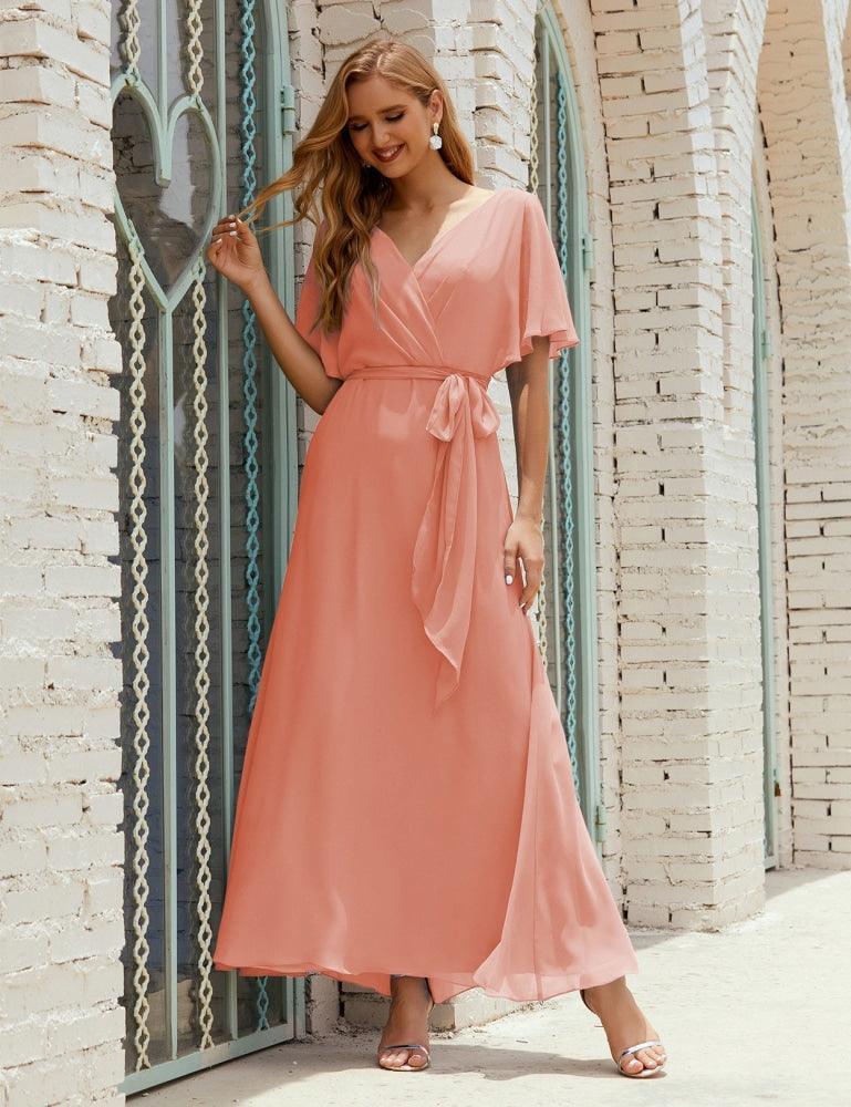 Numbersea V-Neck Bridesmaid Dress Long Formal Dresses with Belt for 28022 - Image 21