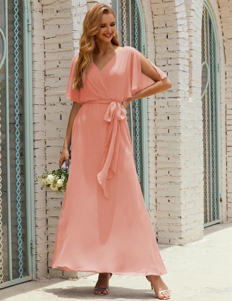 Numbersea V-Neck Bridesmaid Dress Long Formal Dresses with Belt for 28022 - Image 23