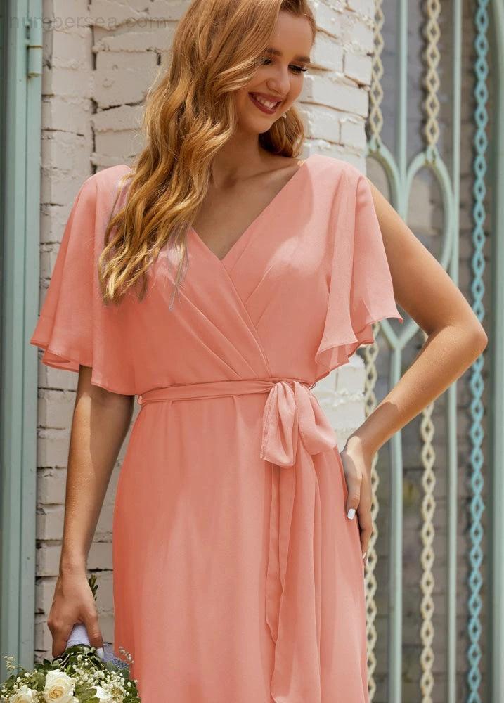 Numbersea V-Neck Bridesmaid Dress Long Formal Dresses with Belt for 28022 - Image 24