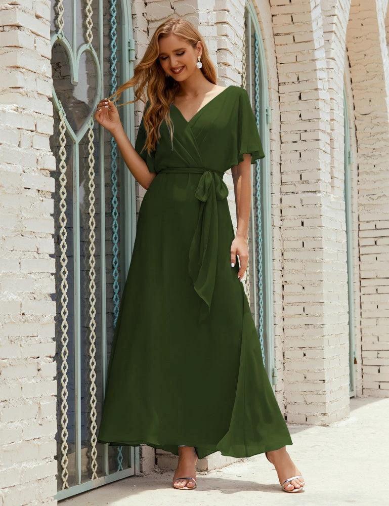 Numbersea V-Neck Bridesmaid Dress Long Formal Dresses with Belt for 28022 - Image 25