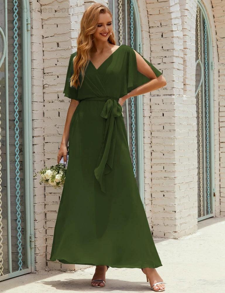 Numbersea V-Neck Bridesmaid Dress Long Formal Dresses with Belt for 28022 - Image 27