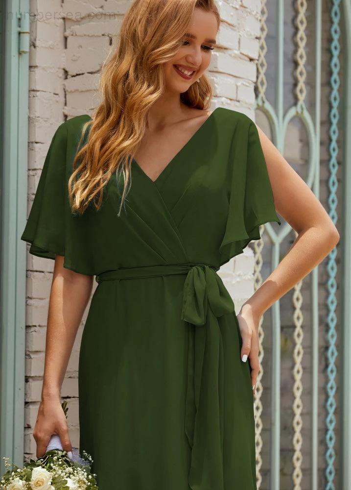 Numbersea V-Neck Bridesmaid Dress Long Formal Dresses with Belt for 28022 - Image 28