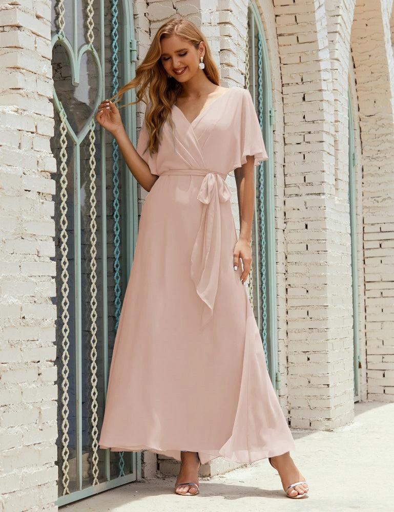 Numbersea V-Neck Bridesmaid Dress Long Formal Dresses with Belt for 28022 - Image 29