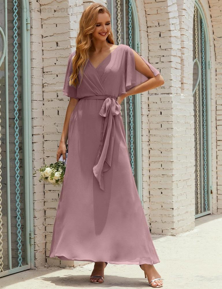 Numbersea V-Neck Bridesmaid Dress Long Formal Dresses with Belt for 28022 - Image 3