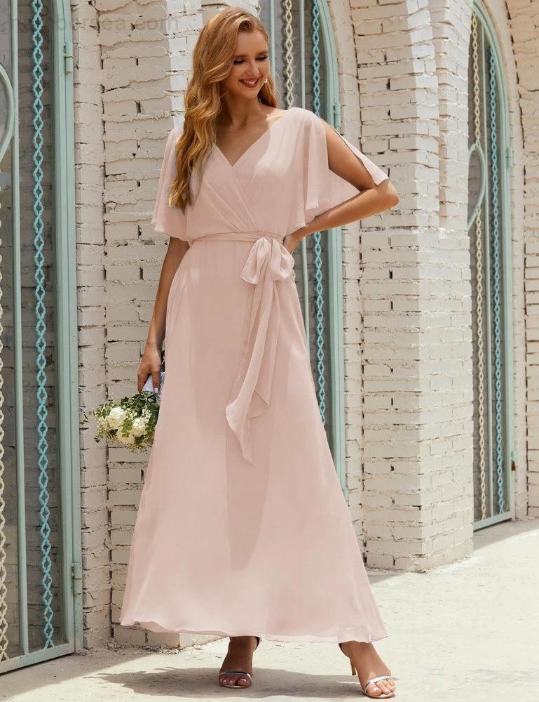 Numbersea V-Neck Bridesmaid Dress Long Formal Dresses with Belt for 28022 - Image 31