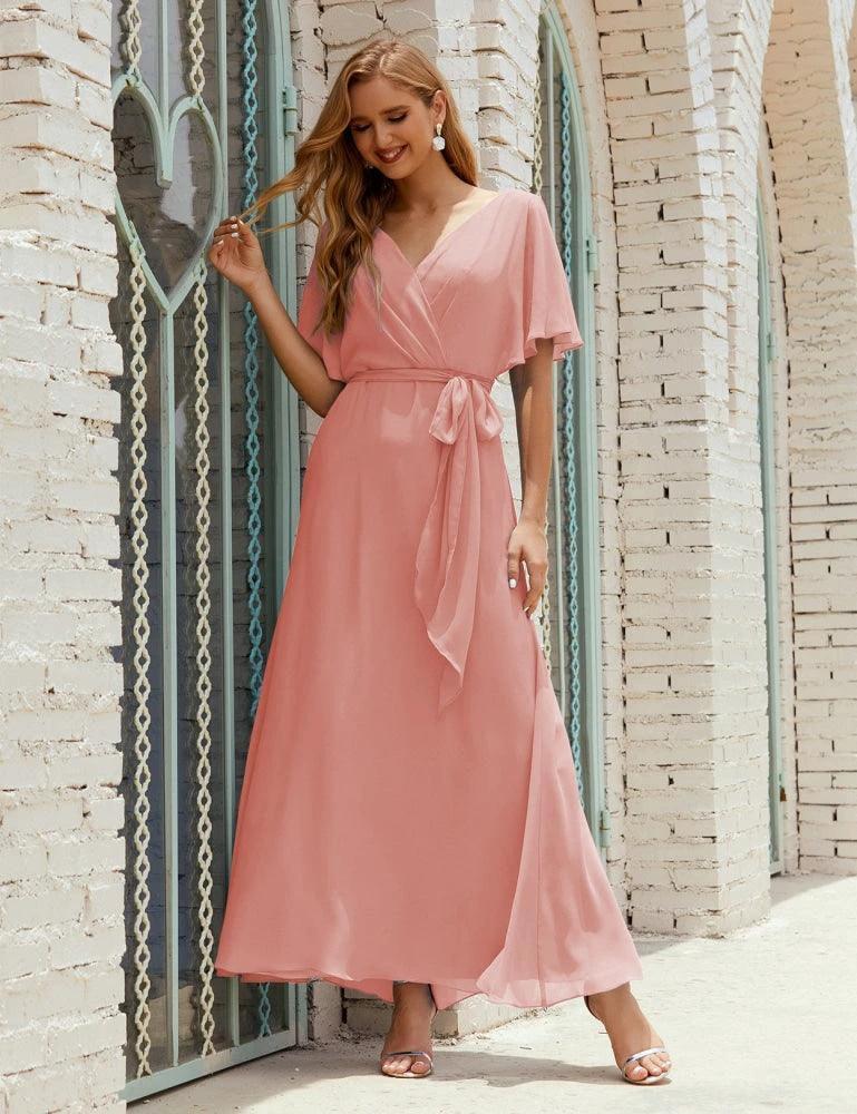 Numbersea V-Neck Bridesmaid Dress Long Formal Dresses with Belt for 28022 - Image 33