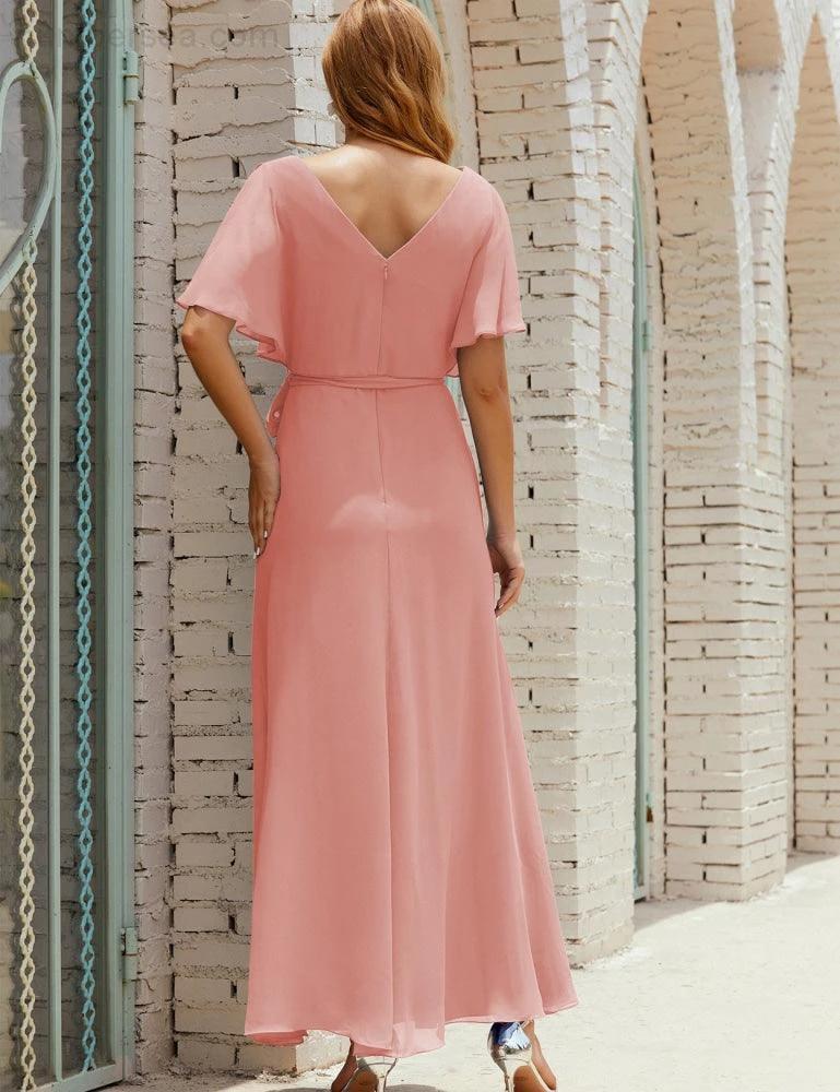 Numbersea V-Neck Bridesmaid Dress Long Formal Dresses with Belt for 28022 - Image 34