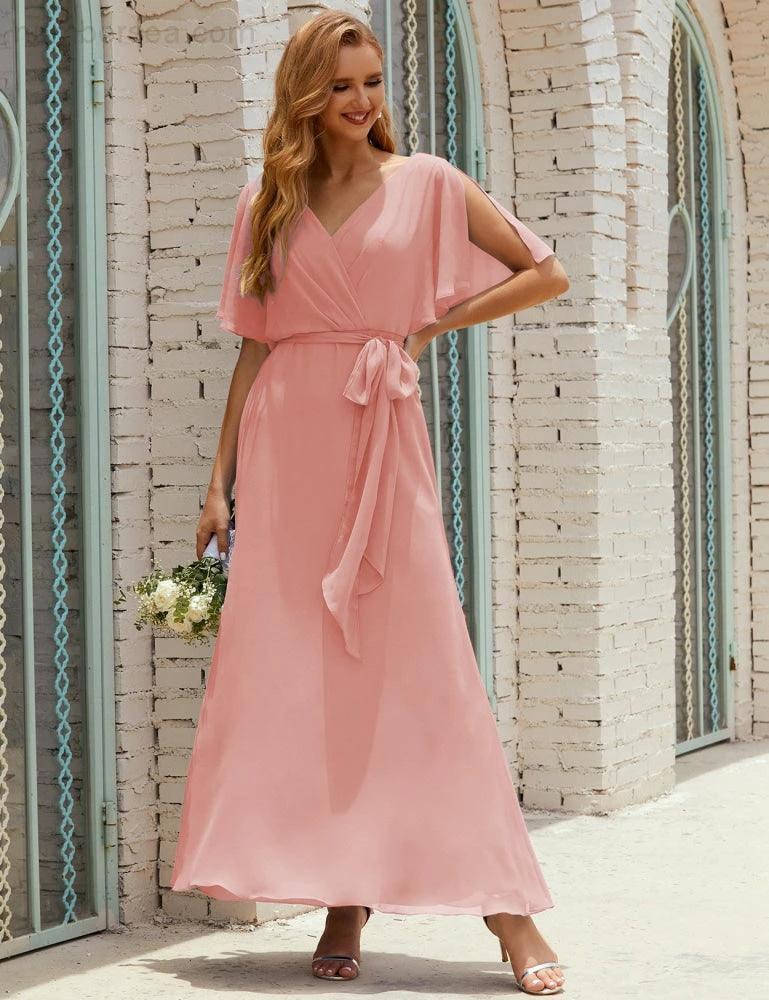 Numbersea V-Neck Bridesmaid Dress Long Formal Dresses with Belt for 28022 - Image 35