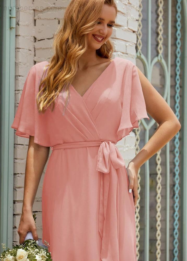 Numbersea V-Neck Bridesmaid Dress Long Formal Dresses with Belt for 28022 - Image 36