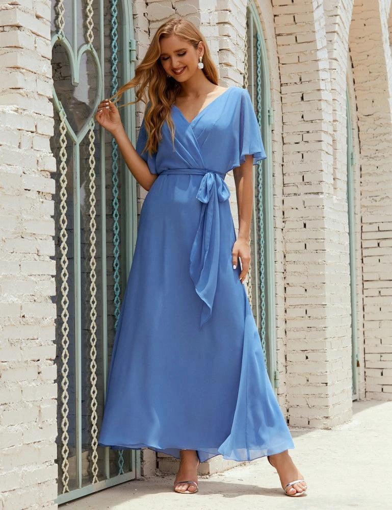 Numbersea V-Neck Bridesmaid Dress Long Formal Dresses with Belt for 28022 - Image 37