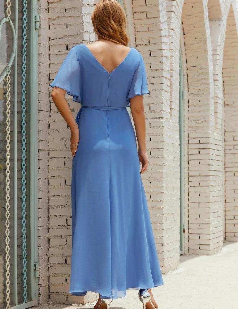 Numbersea V-Neck Bridesmaid Dress Long Formal Dresses with Belt for 28022 - Image 38