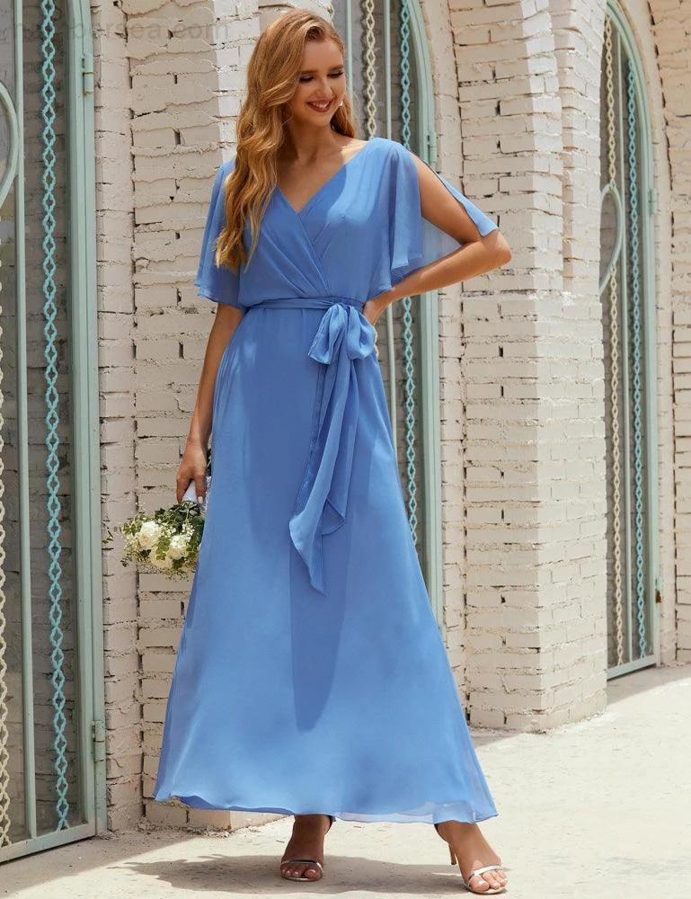 Numbersea V-Neck Bridesmaid Dress Long Formal Dresses with Belt for 28022 - Image 39