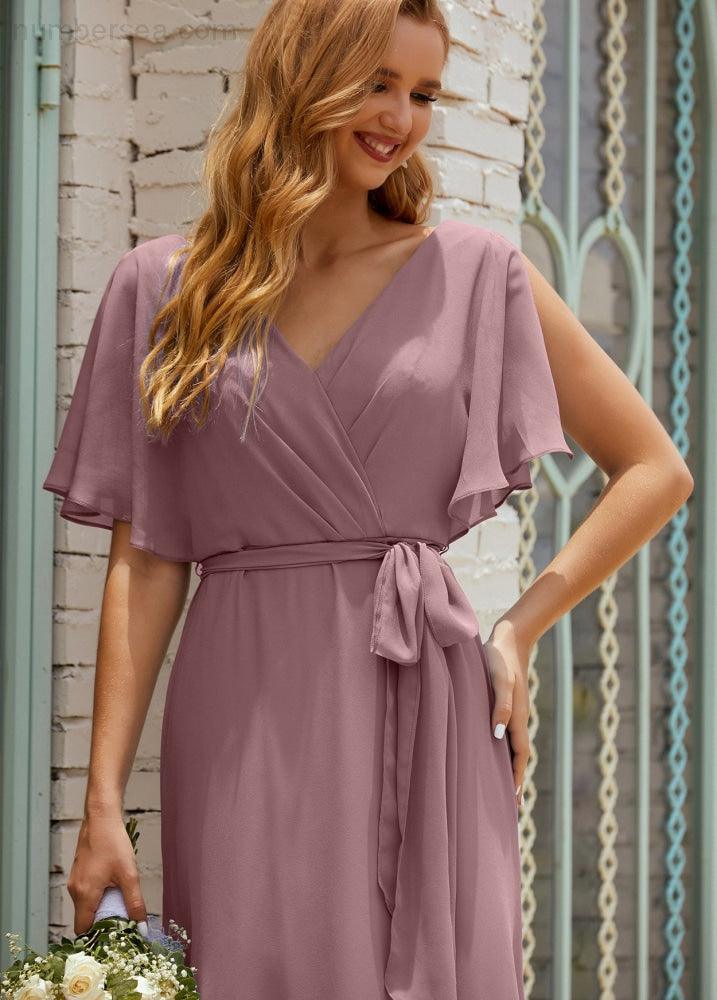 Numbersea V-Neck Bridesmaid Dress Long Formal Dresses with Belt for 28022 - Image 4