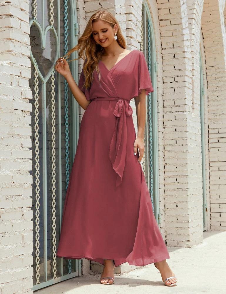 Numbersea V-Neck Bridesmaid Dress Long Formal Dresses with Belt for 28022 - Image 41