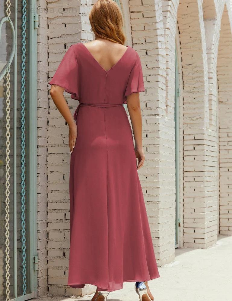 Numbersea V-Neck Bridesmaid Dress Long Formal Dresses with Belt for 28022 - Image 42