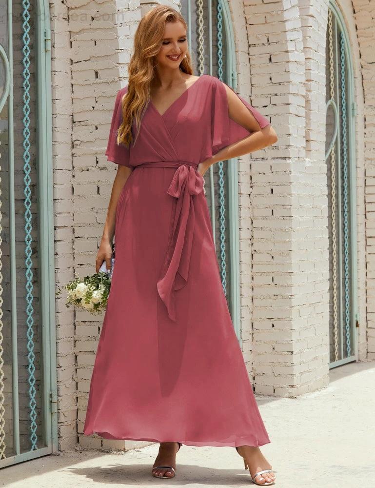 Numbersea V-Neck Bridesmaid Dress Long Formal Dresses with Belt for 28022 - Image 43