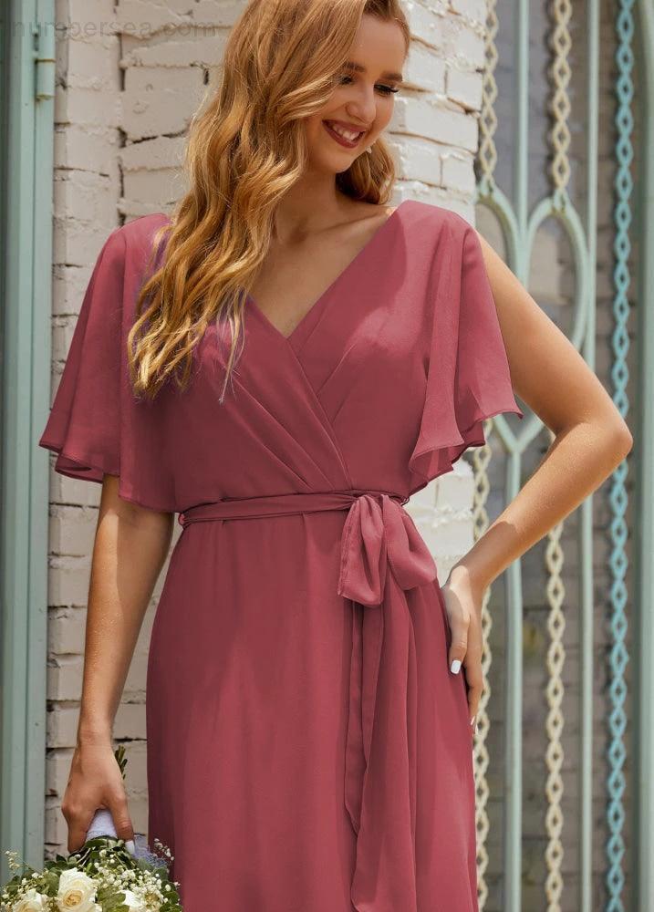 Numbersea V-Neck Bridesmaid Dress Long Formal Dresses with Belt for 28022 - Image 44