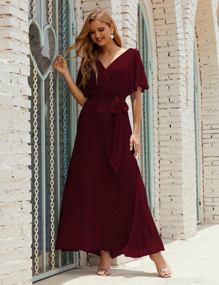 Numbersea V-Neck Bridesmaid Dress Long Formal Dresses with Belt for 28022 - Image 45