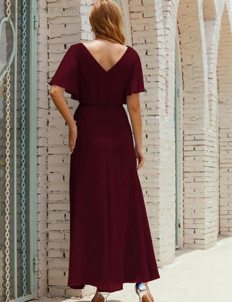 Numbersea V-Neck Bridesmaid Dress Long Formal Dresses with Belt for 28022 - Image 46