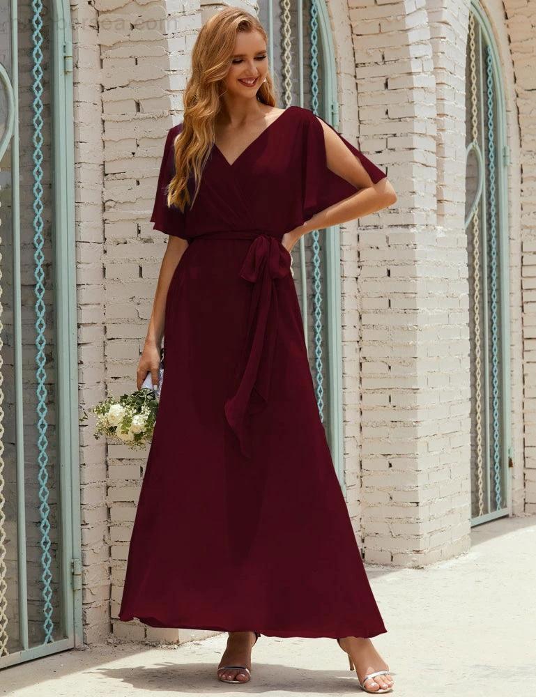 Numbersea V-Neck Bridesmaid Dress Long Formal Dresses with Belt for 28022 - Image 47