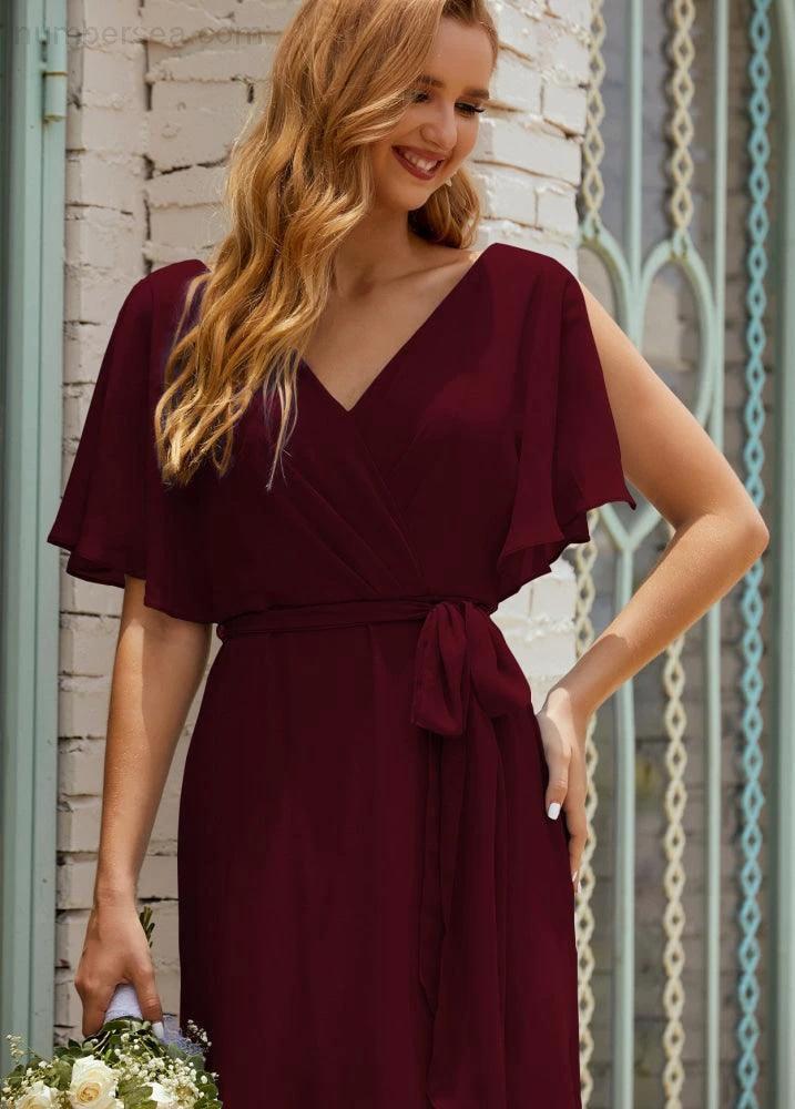 Numbersea V-Neck Bridesmaid Dress Long Formal Dresses with Belt for 28022 - Image 48