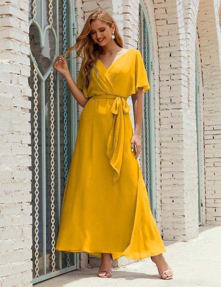Numbersea V-Neck Bridesmaid Dress Long Formal Dresses with Belt for 28022 - Image 5