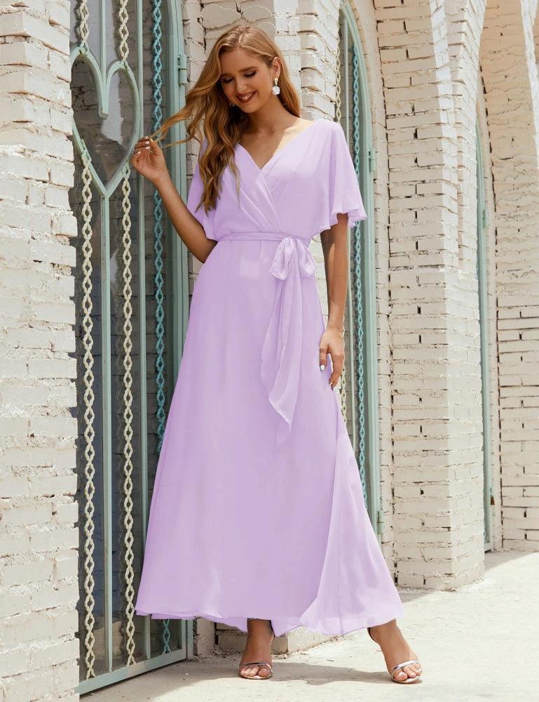Numbersea V-Neck Bridesmaid Dress Long Formal Dresses with Belt for 28022 - Image 53
