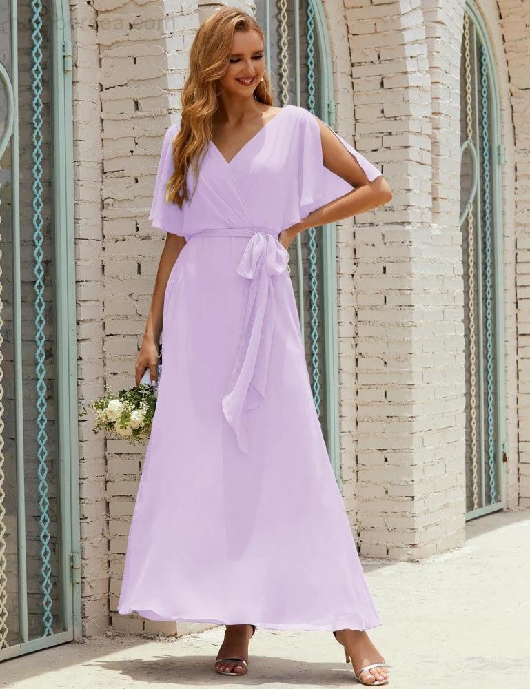 Numbersea V-Neck Bridesmaid Dress Long Formal Dresses with Belt for 28022 - Image 55
