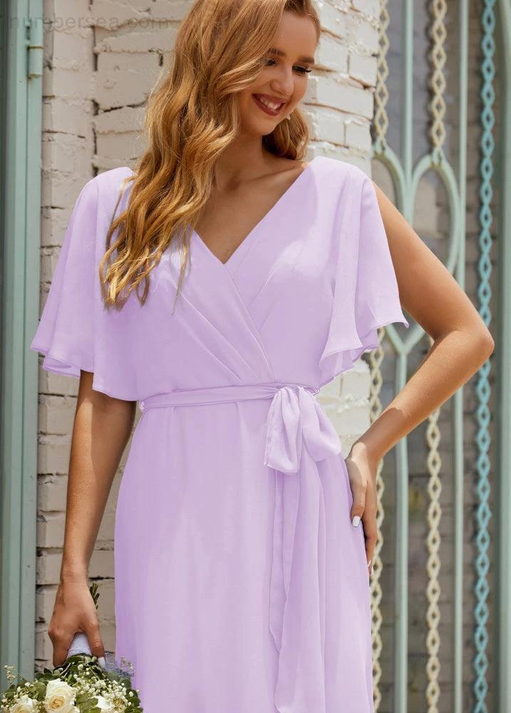 Numbersea V-Neck Bridesmaid Dress Long Formal Dresses with Belt for 28022 - Image 56