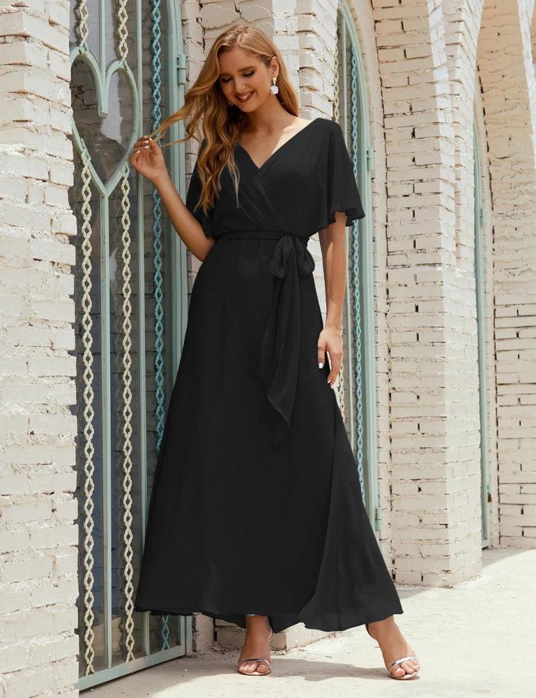Numbersea V-Neck Bridesmaid Dress Long Formal Dresses with Belt for 28022 - Image 57