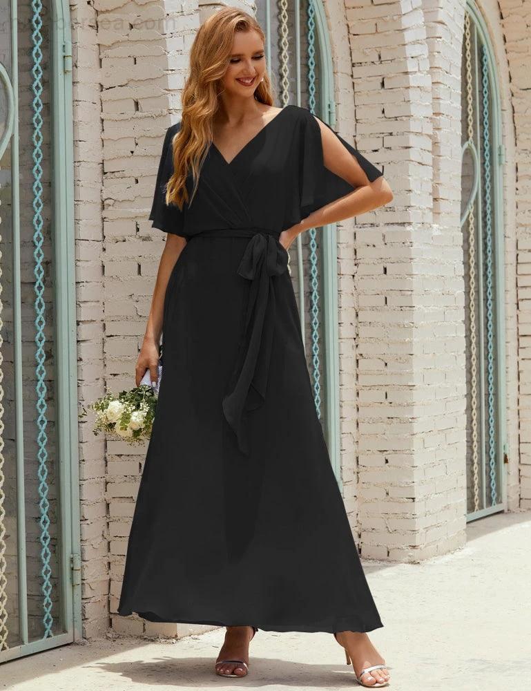 Numbersea V-Neck Bridesmaid Dress Long Formal Dresses with Belt for 28022 - Image 59