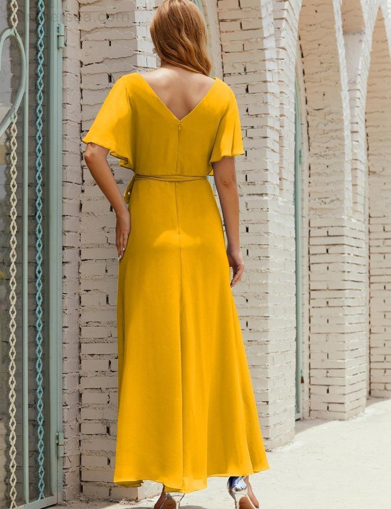 Numbersea V-Neck Bridesmaid Dress Long Formal Dresses with Belt for 28022 - Image 6