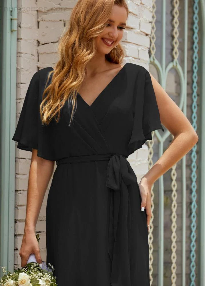 Numbersea V-Neck Bridesmaid Dress Long Formal Dresses with Belt for 28022 - Image 60