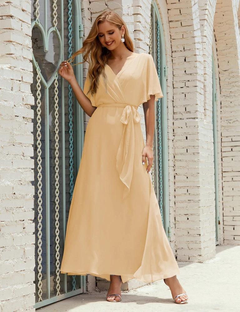 Numbersea V-Neck Bridesmaid Dress Long Formal Dresses with Belt for 28022 - Image 61