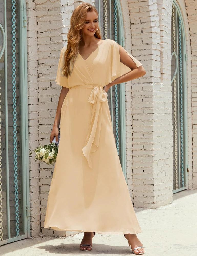 Numbersea V-Neck Bridesmaid Dress Long Formal Dresses with Belt for 28022 - Image 63