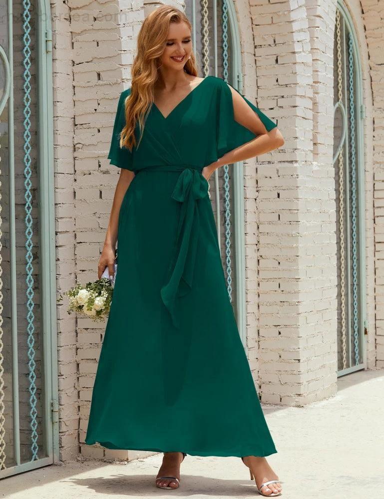 Numbersea V-Neck Bridesmaid Dress Long Formal Dresses with Belt for 28022 - Image 67