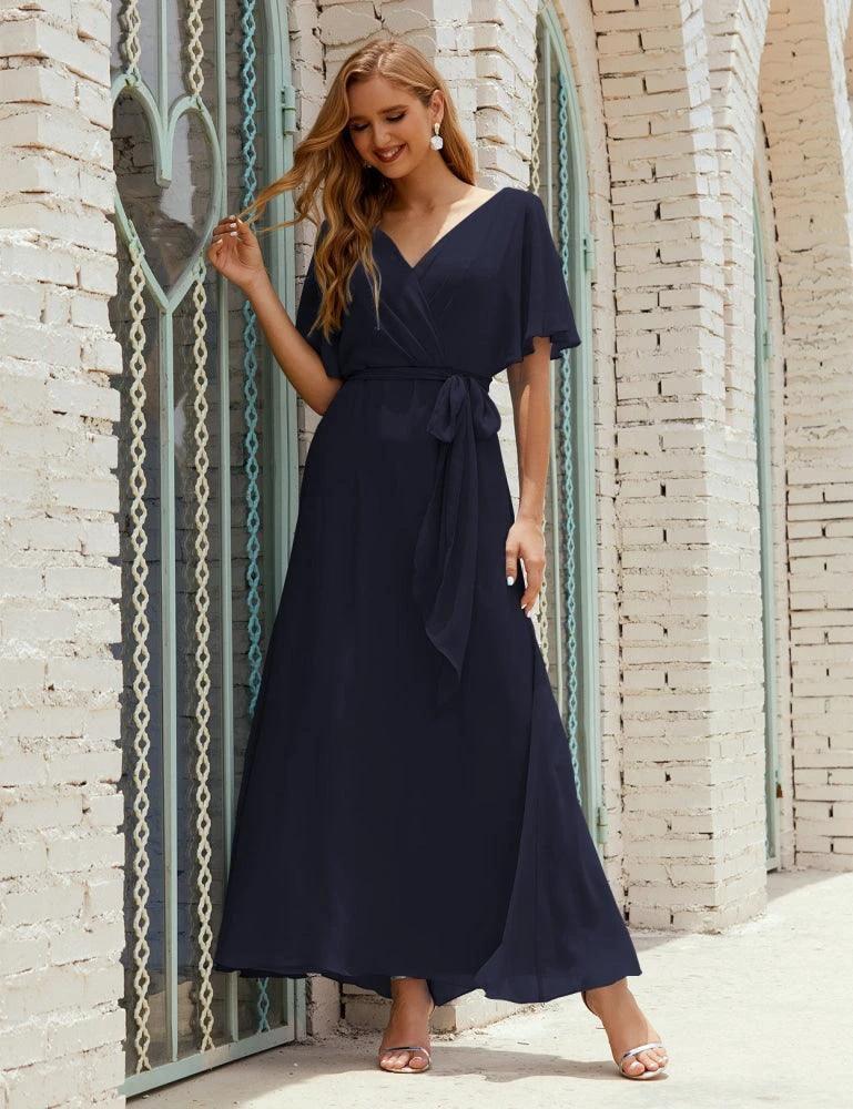Numbersea V-Neck Bridesmaid Dress Long Formal Dresses with Belt for 28022 - Image 69