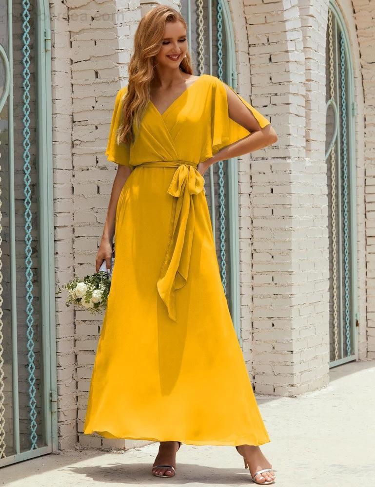 Numbersea V-Neck Bridesmaid Dress Long Formal Dresses with Belt for 28022 - Image 7