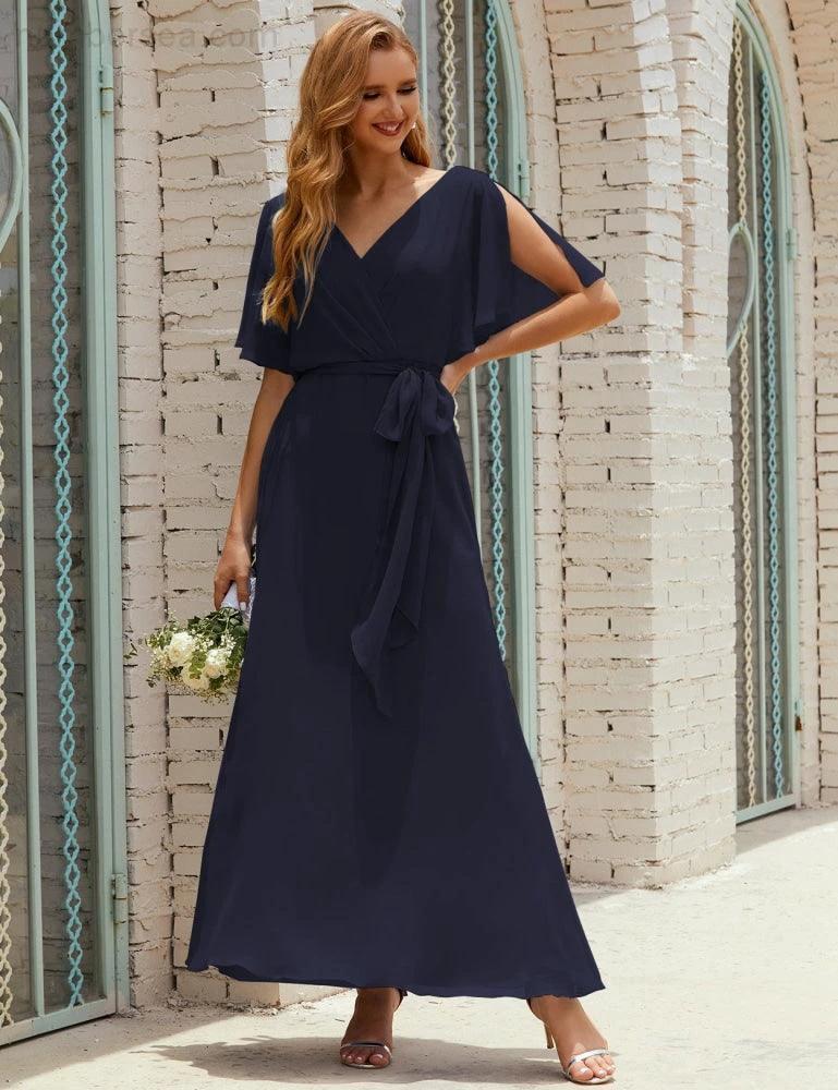 Numbersea V-Neck Bridesmaid Dress Long Formal Dresses with Belt for 28022 - Image 71