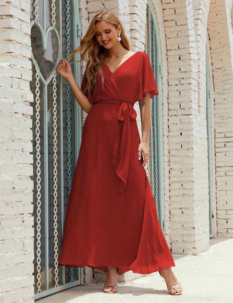 Numbersea V-Neck Bridesmaid Dress Long Formal Dresses with Belt for 28022 - Image 73