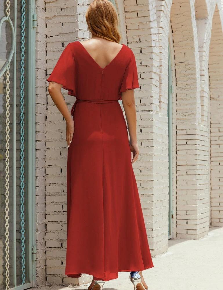 Numbersea V-Neck Bridesmaid Dress Long Formal Dresses with Belt for 28022 - Image 74