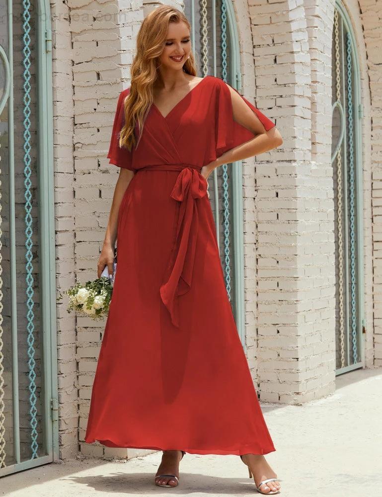 Numbersea V-Neck Bridesmaid Dress Long Formal Dresses with Belt for 28022 - Image 75