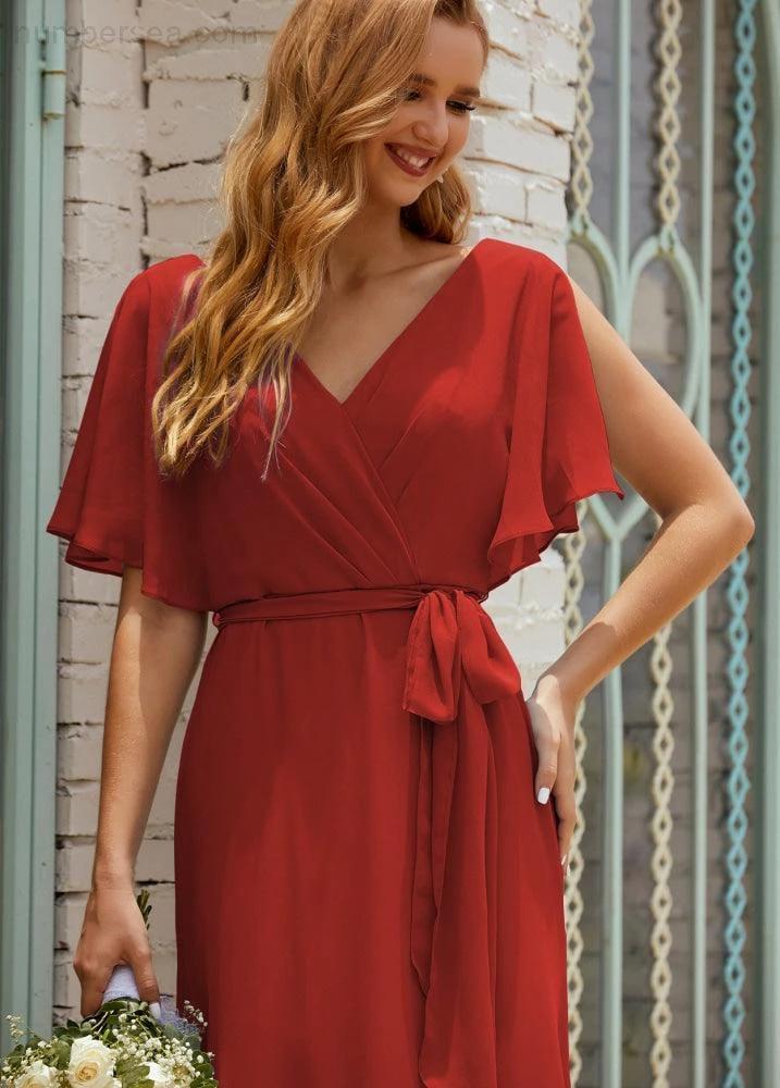 Numbersea V-Neck Bridesmaid Dress Long Formal Dresses with Belt for 28022 - Image 76